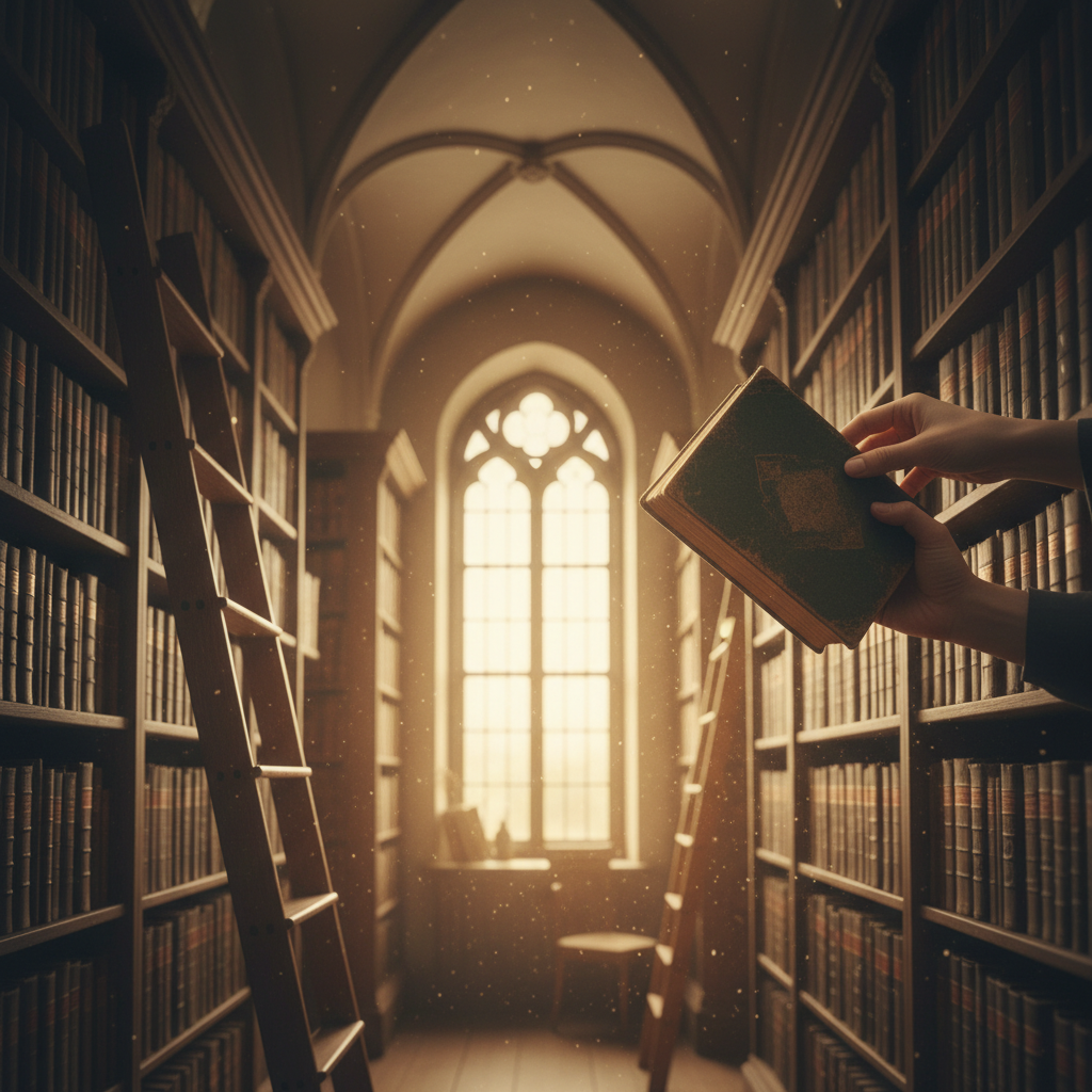 오래된 도서관의 높은 서가 사이에 사다리가 놓여 있고 수많은 철학 고서들 사이에서 빛바랜 책 한 권을 조심스럽게 꺼내든 손의 모습을 담은 감성적인 이미지